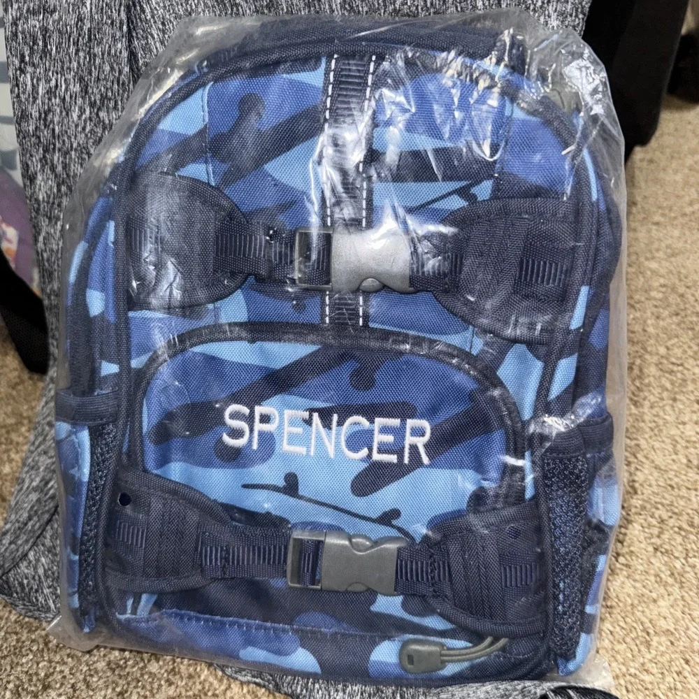 NWT Pottery Barn Kids Boys Mini PRE-K Backpack Monogram Blue Camo SPENCER